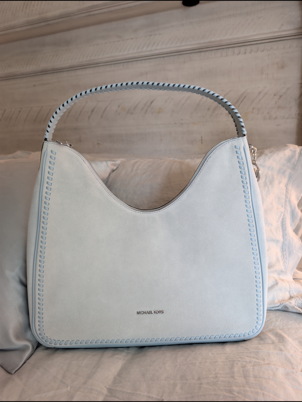 Michael Kors Nayla Medium Hobo Shoulder Bag Pale Ocean Suede Leather NWT